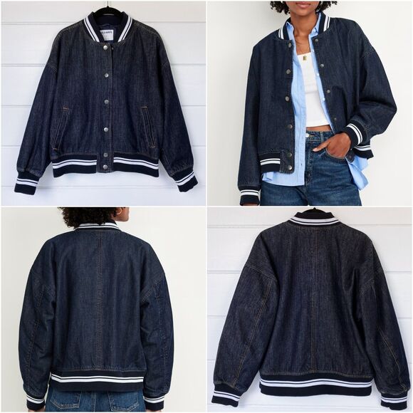 90s Oversized Denim Jean Bomber Jacket S 80s Retro Varsity Baseball Letterman - Picture 7 of 13